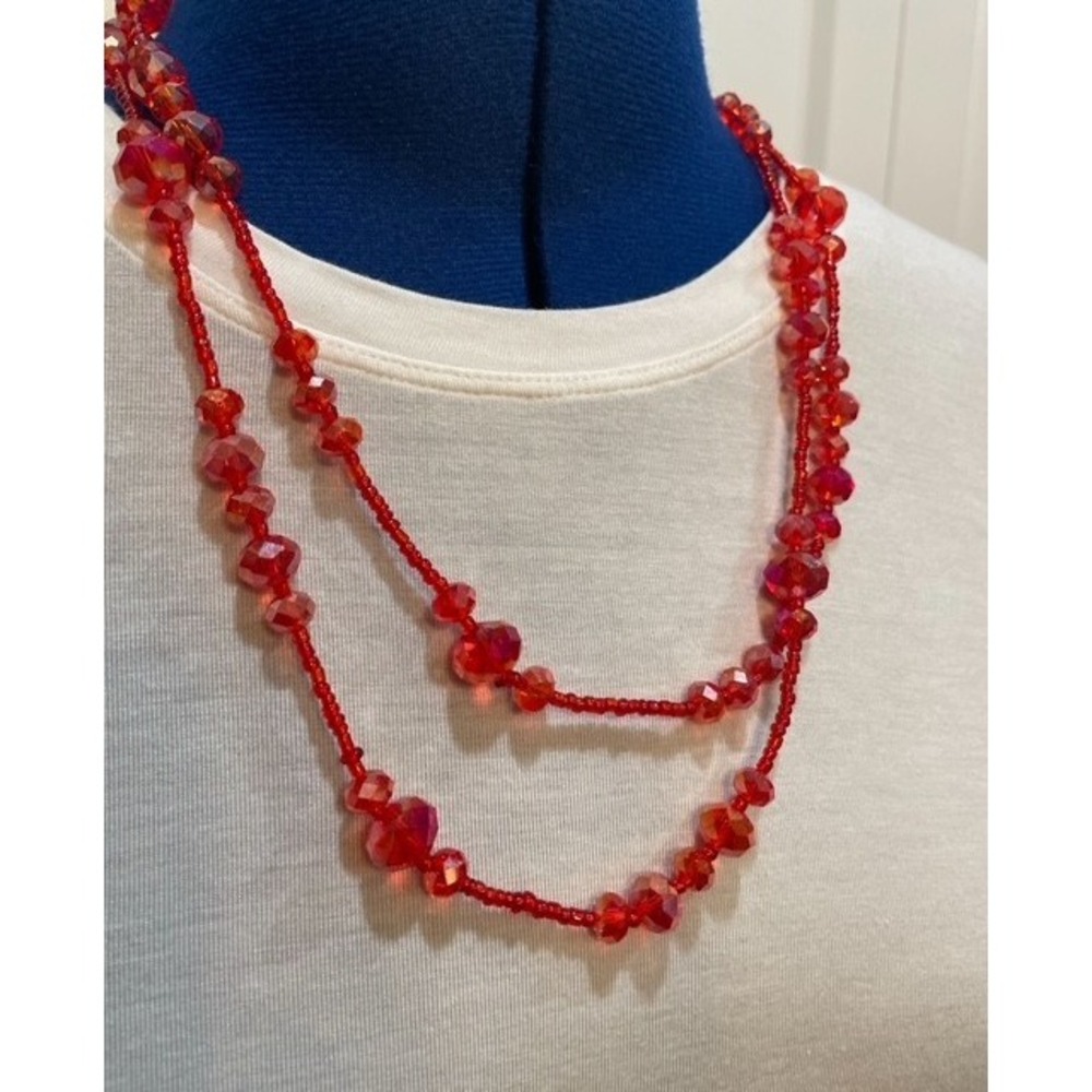 Red Faceted Beaded Long Strand Flapper Necklace Continuous‎ Rope Seed Beads